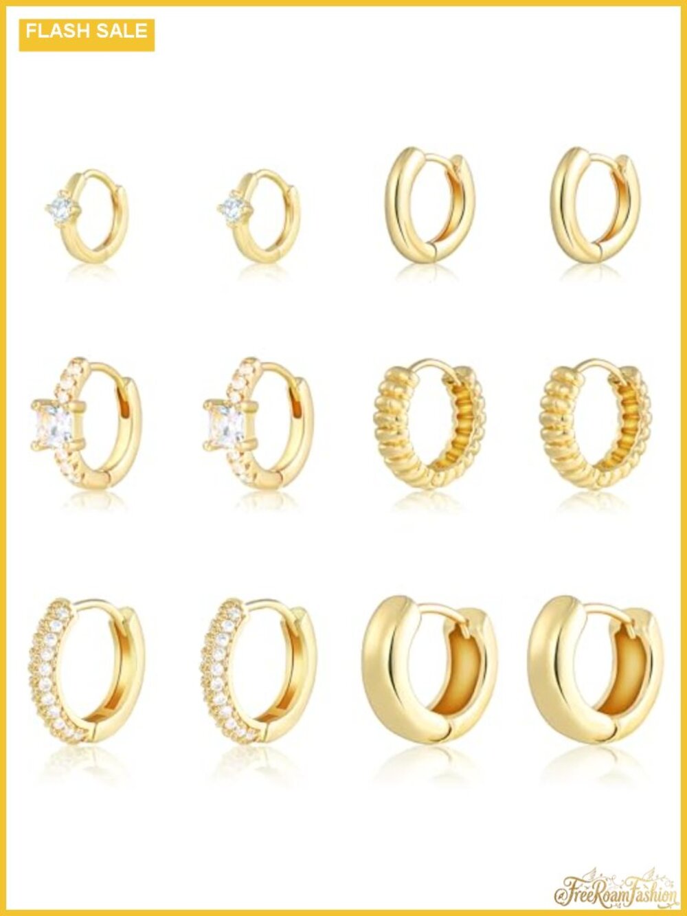 6 Pairs 14K Gold Plated Huggie Hoop Earrings Set Hypoallergenic Cubic Zirconia